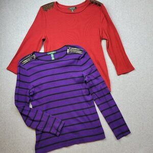 Vintage Lauren Ralph Lauren Womens XL Top Set‎ Of 2 Ribbed Striped Preppy…